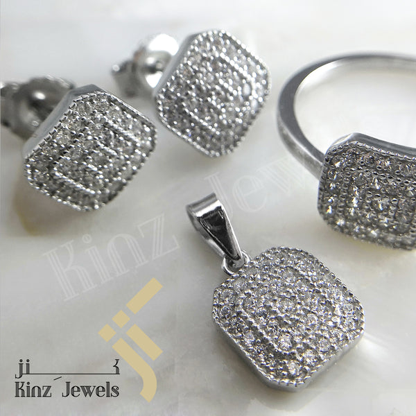 Sterling Silver Rhodium Vermeil Fine Laser Cut Square Zircon Jewelry Set