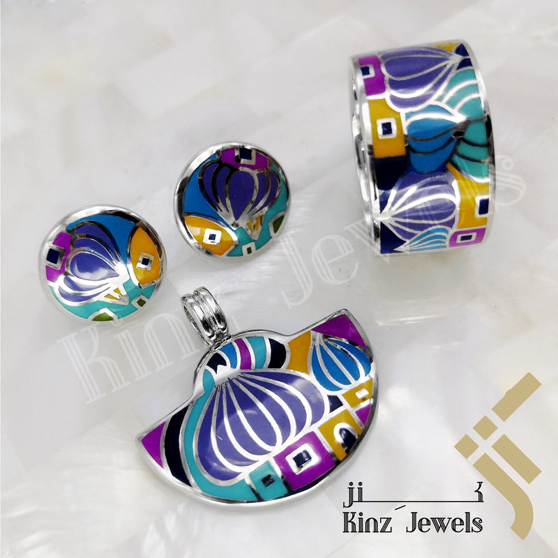 Sterling Silver Rhodium Vermeil Premium Enamel Jewelry Set