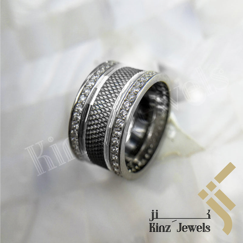 Sterling Silver Rhodium Vermeil Carbon Fiber Inspired & Zircon Ring