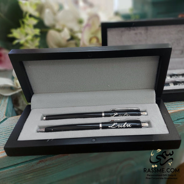 High Quality Full Black Pen Set With Elegant Wooden Box - Free Engraving