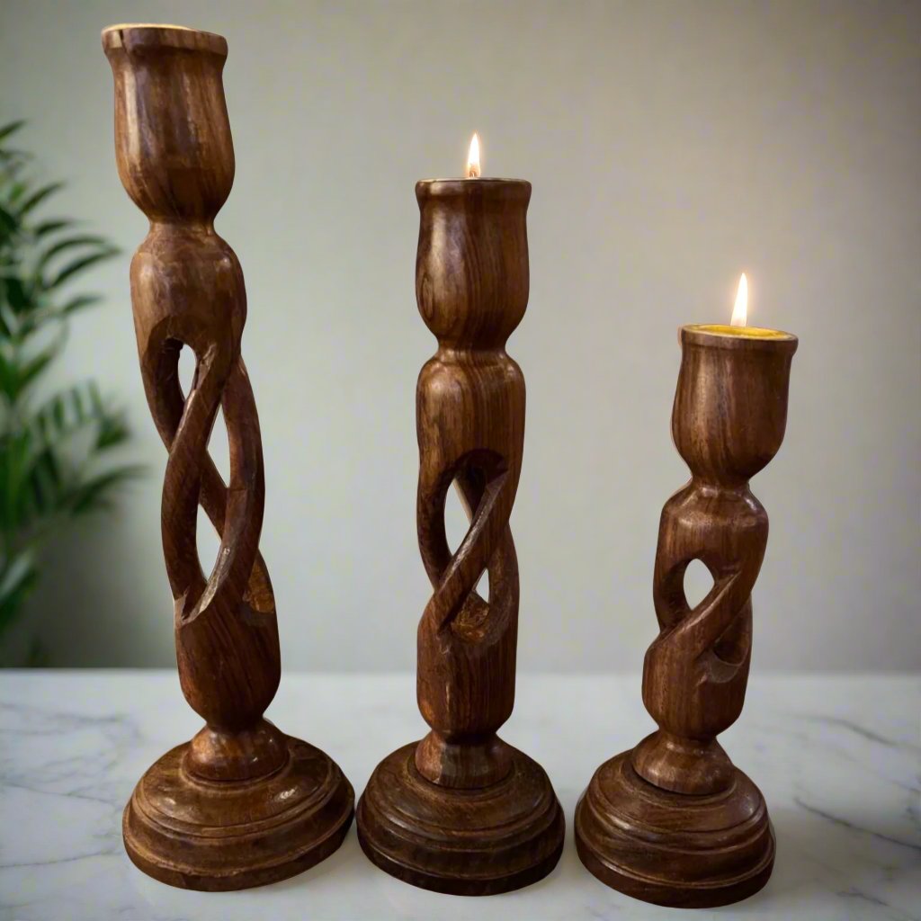 Set of Three Candle Holder Wooden Stand