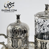 Silver Turkish Coffee Cup + Tea Cup + Tray Leaf - Made In Turkey