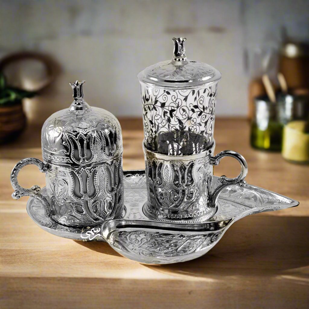 Silver Turkish Coffee Cup + Tea Cup + Tray Leaf - Made In Turkey