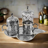 Silver Turkish Coffee Cup + Tea Cup + Tray Leaf - Made In Turkey