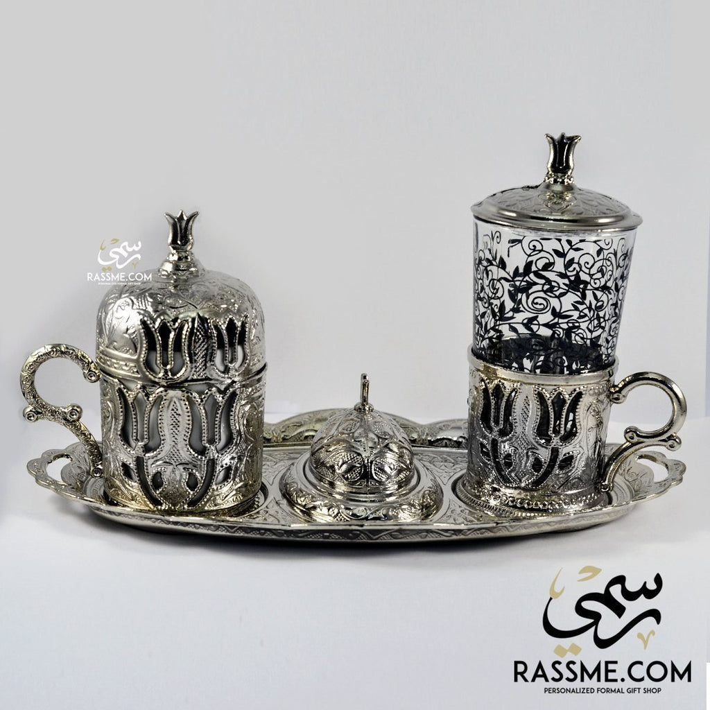 Silver Turkish Coffee Cup + Water Glass + Tray - Made In Turkey