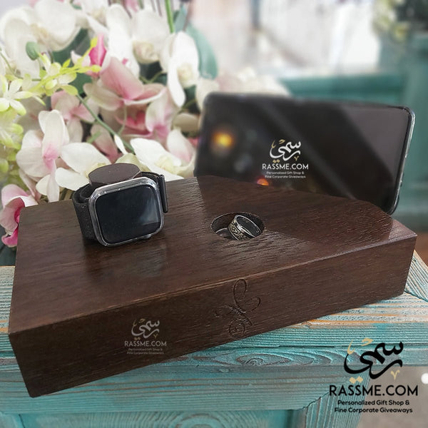 Personalized Solid Beech Wood Mobile and Watch Holder Desktop Organizer