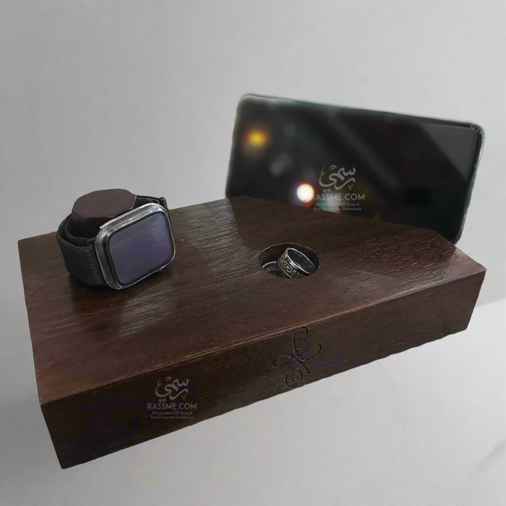 Personalized Solid Beech Wood Mobile and Watch Holder Desktop Organizer