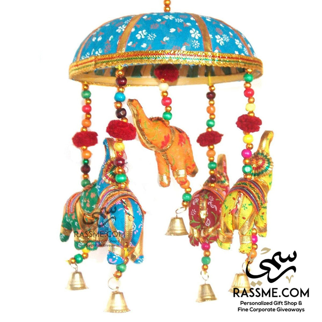 Handicrafts Elephant Turquoise Umbrella Hanging Layer of Five Elephant