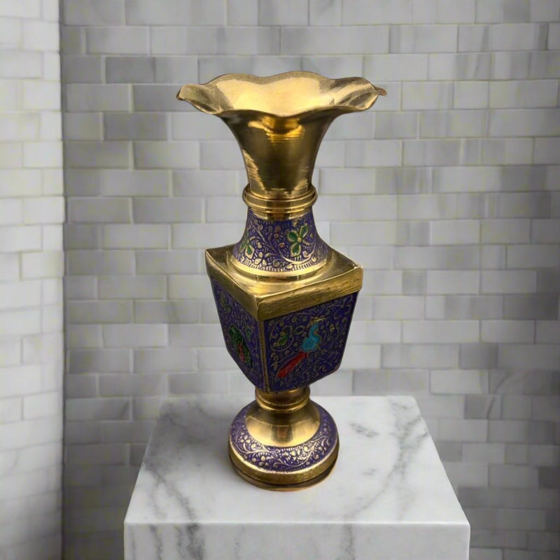 Dark Blue Enamel Brass Vase with Fluted Rim