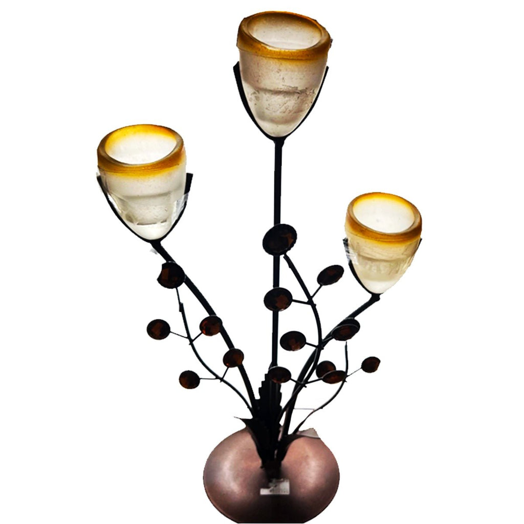 Three Candle Holders Thick Glass Leaves Tree