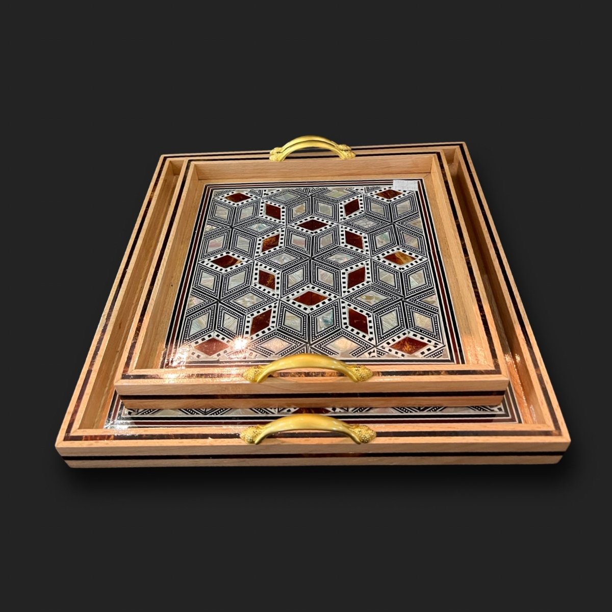 Tray Set Wood inlay Mother of Pearl Brass Handles - Rassme