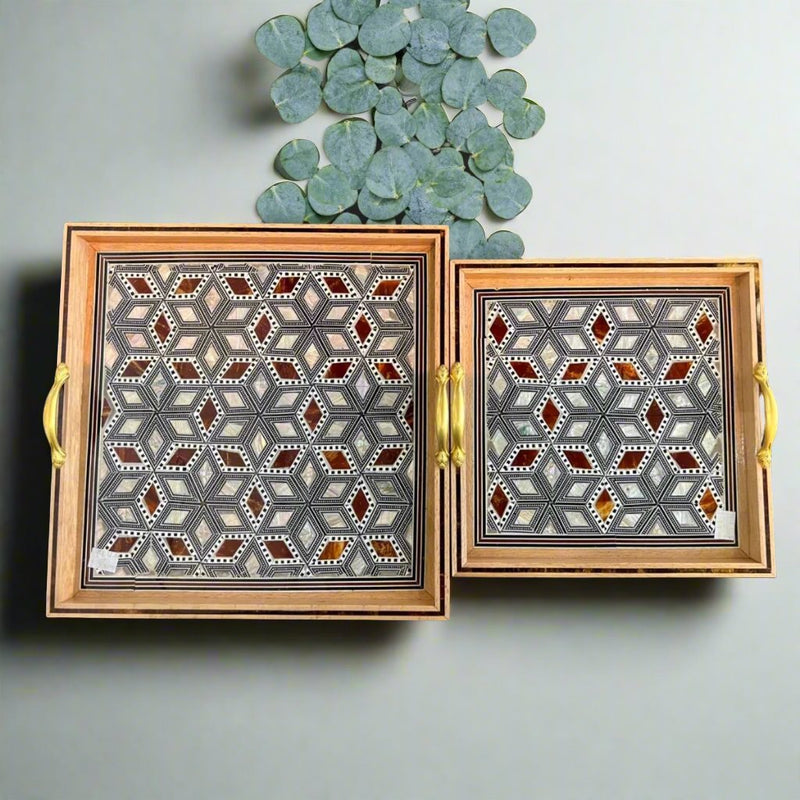 Tray Set Wood inlay Mother of Pearl Brass Handles