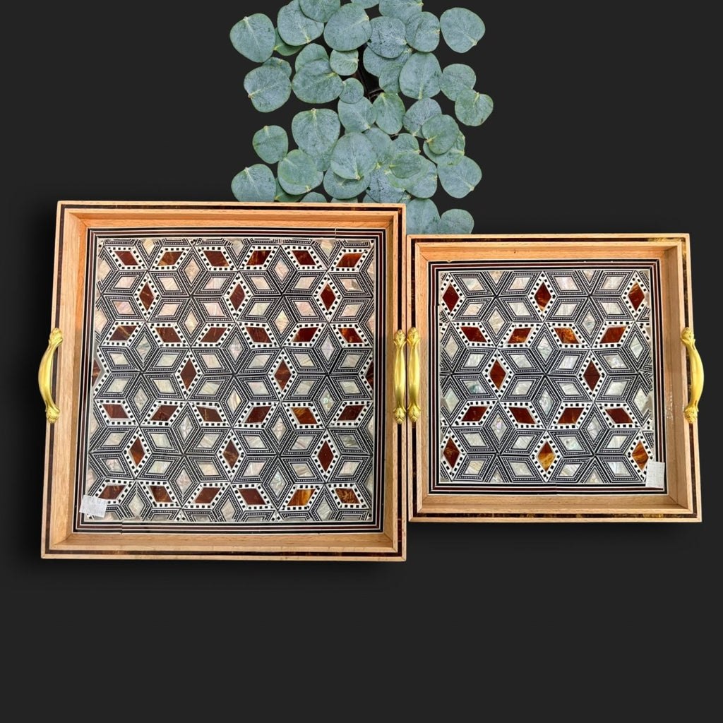 Tray Set Wood inlay Mother of Pearl Brass Handles