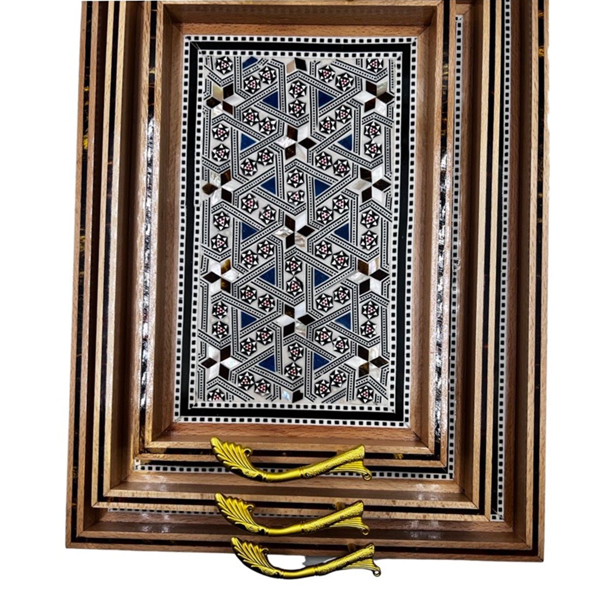 Tray Set Wood inlay Mother of Pearl Brass Handles