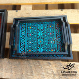 Blue Embroidery Tray Set Two Pieces Glass and Wood
