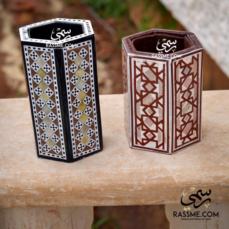 Wooden Arabesque Mother Of Pearl Pen Holder
