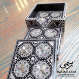 Wooden Coasters with Holder Handmade Mother of Pear Arabesque