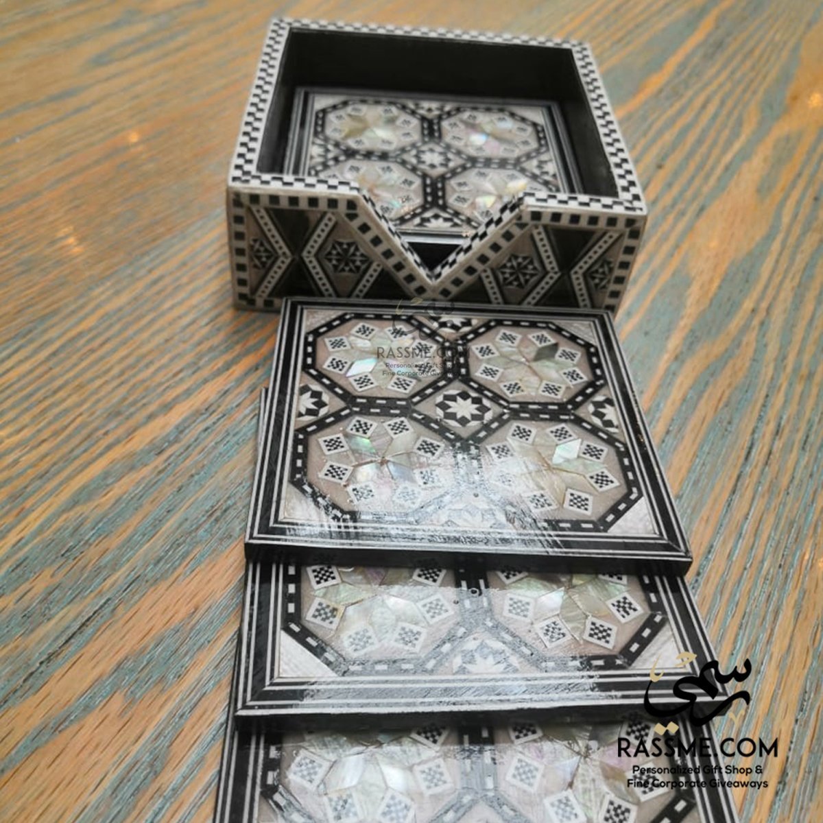 Wooden Coasters with Holder Handmade Mother of Pear Arabesque