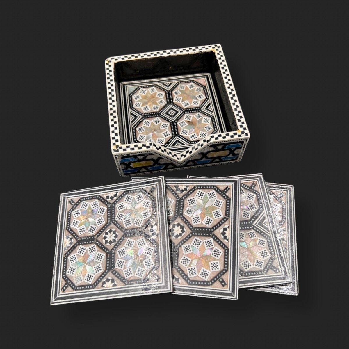 Wooden Coasters with Holder Handmade Mother of Pear Arabesque