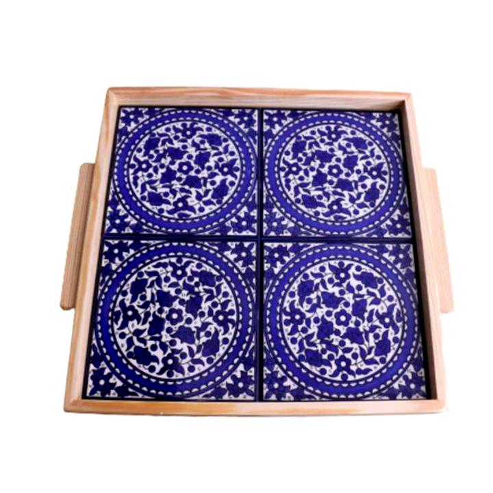 Wooden Colorful Blue Ceramic Medium Tray