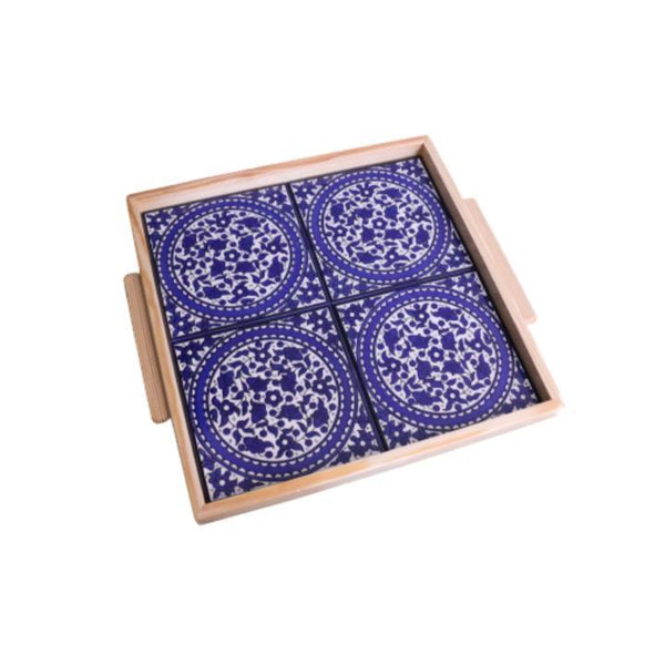 Wooden Colorful Blue Ceramic Medium Tray