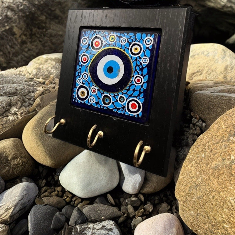 Wooden Key Holder with Dark Blue Eye Tile
