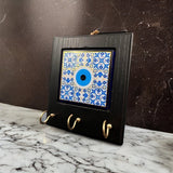 Wooden Key Holder with White & Blue Eye Tile