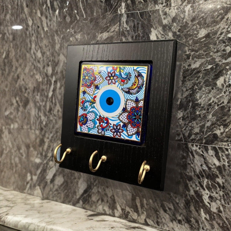 Wooden Key Holder with Multicolored Eye Tile