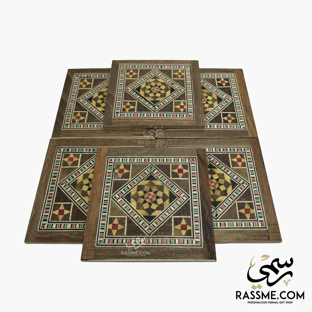 Wooden Set Mosaic Syrian Coasters Square - 6 Pcs