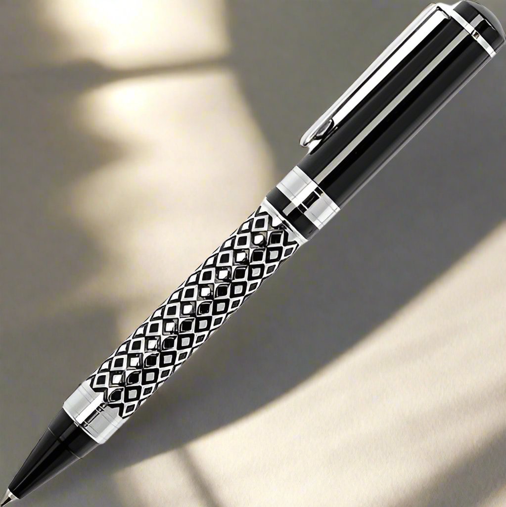 Black Zippo Rushford pen with a patterned metal barrel and silver-colored clip.